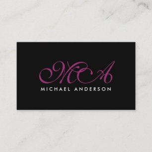 Paarse monogram Elegant Script Black Achtergrond Visitekaartje