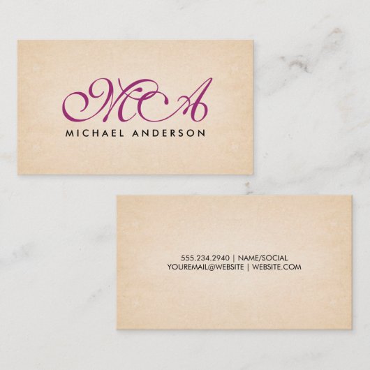 Paarse monogram Elegant Script Paper Achtergrond Visitekaartje (Voorkant / Achterkant)