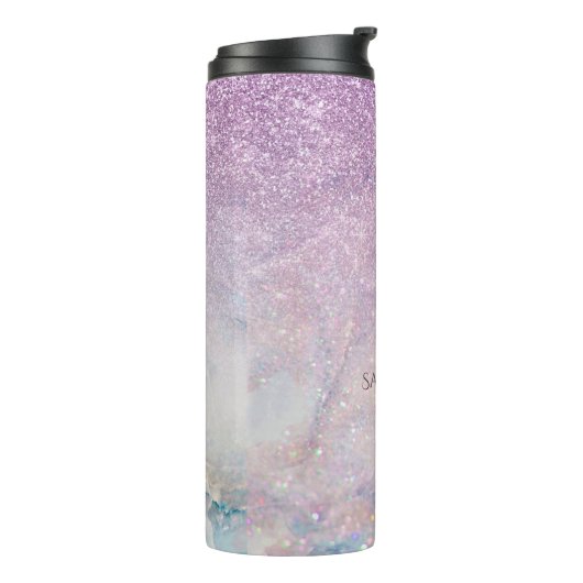 Paarse monogram Faux Glitter en Marble 2 Thermosbeker (Gedraaid links)