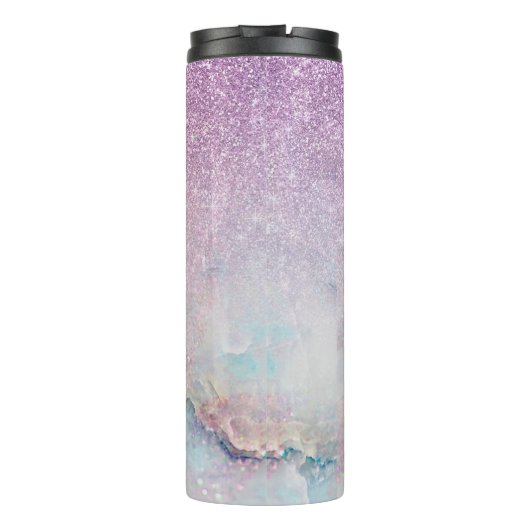 Paarse monogram Faux Glitter en Marble 2 Thermosbeker (Achterkant)