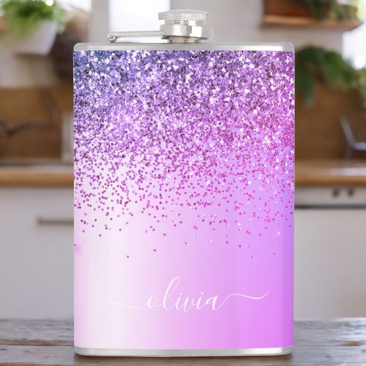 Paarse Monogram Glitter Glamour Meisjesachtig Schr Heupfles