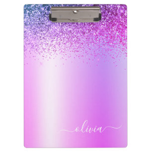 Paarse Monogram Glitter Glans Meisjesachtig Schrif Klembord
