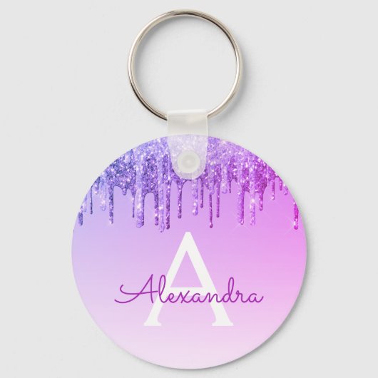 Paarse monogram Glitter & Sparkle Sleutelhanger (Voorkant)