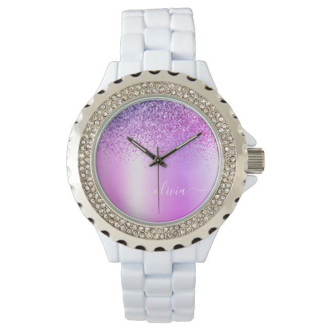 Paarse monogram glittersparkel meisjesachtig schri horloge (Voorkant)