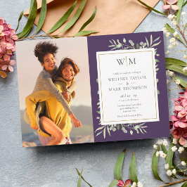 Paarse Monogram Greenery Foto Wedding Kaart