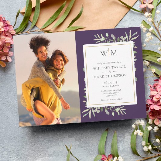 Paarse Monogram Greenery Foto Wedding Kaart