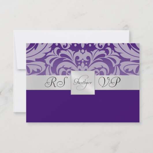 Paarse Monogram Halve Damask RSVP Uitnodiging om a (Voorkant)
