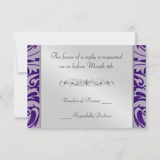 Paarse Monogram Halve Damask RSVP Uitnodiging om a (Achterkant)