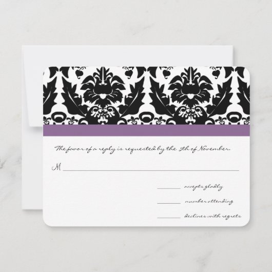 Paarse Monogram Hart Damast Grape Trim RSVP (Achterkant)