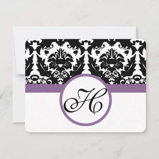 Paarse Monogram Hart Damast Grape Trim RSVP Kaartje (Voorkant)