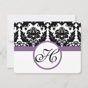 Paarse Monogram Hart Damast Grape Trim RSVP Kaartje