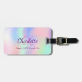 Paarse monogram holografisch roze bagagelabel (Voorkant horizontaal)