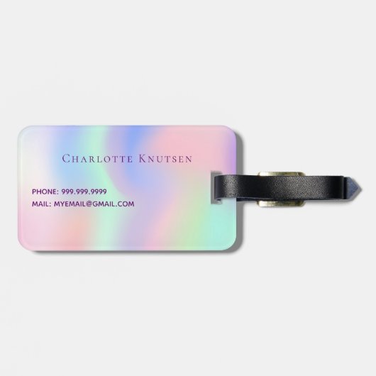 Paarse monogram holografisch roze bagagelabel (Achterkant horizontaal)