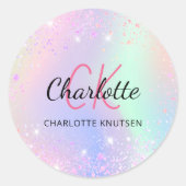 Paarse monogram holografisch roze ronde sticker (Voorkant)
