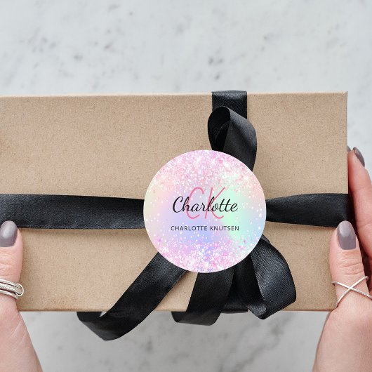 Paarse monogram holografisch roze ronde sticker