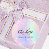 Paarse monogram holografisch roze ronde sticker