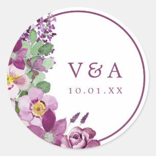 Paarse Monogram Huwelijkssticker Ronde Sticker