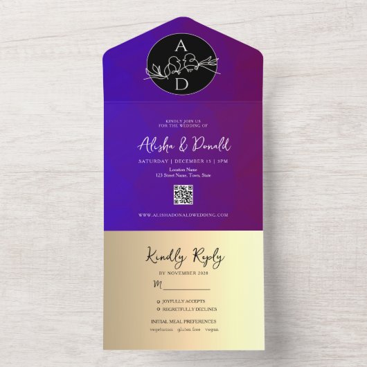 Paarse monogram in één uitnodiging (Binnen)