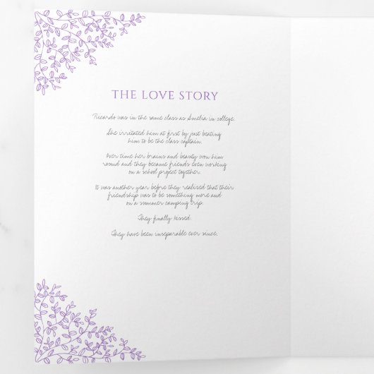 Paarse monogram kunstartikel toewijding bruiloft drieluik programma (Binnenzijde eerst)