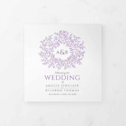 Paarse monogram kunstartikel toewijding bruiloft drieluik programma (Cover)