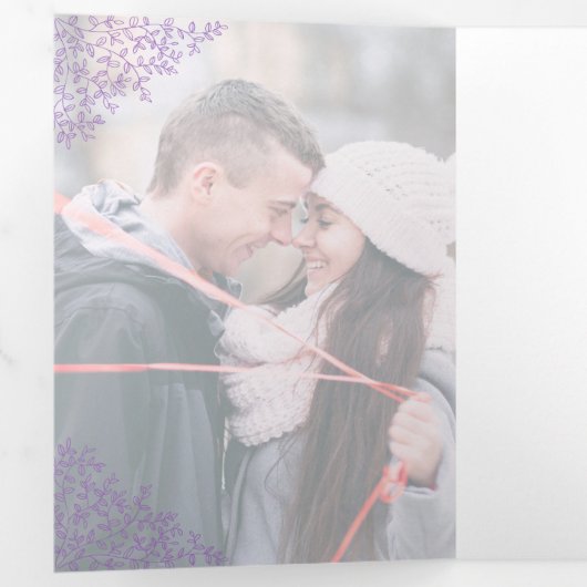 Paarse monogram kunstfoto bruiloft drieluik programma (Binnenzijde eerst)