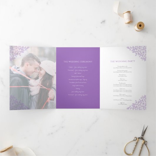 Paarse monogram kunstfoto bruiloft drieluik programma (Binnen)