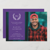 Paarse Monogram Laurel WreatAfstuderen Foto Aankondiging (Voorkant / Achterkant)