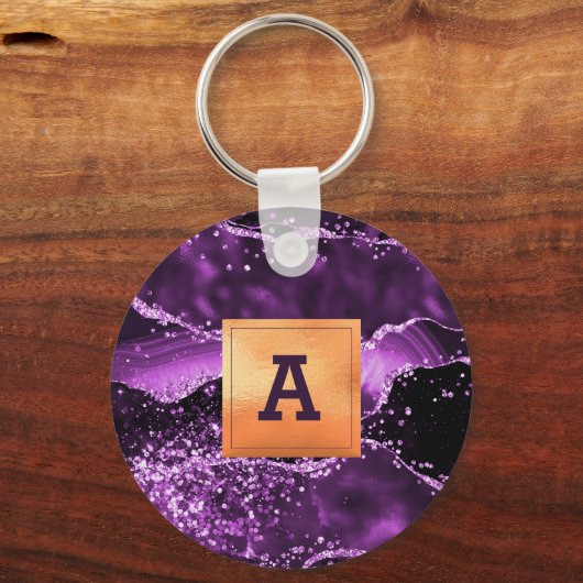 Paarse monogram marmer sleutelhanger (Voorkant)