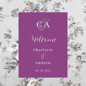 Paarse monogram moderne eenvoudige bruiloft welkom poster