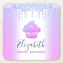 Paarse monogram naam cupcake glittersuikerdruppels kartonnen onderzetters