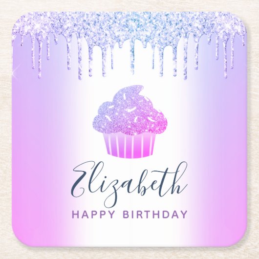 Paarse monogram naam cupcake glittersuikerdruppels kartonnen onderzetters (Voorkant)