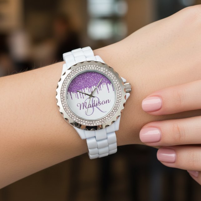 Paarse monogram nep glitterslijpsel horloge (Creator heeft geüpload)