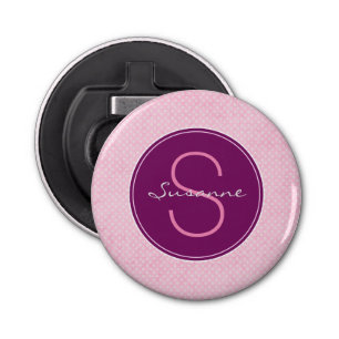 Paarse monogram op roze pokstip aanpassen button flesopener