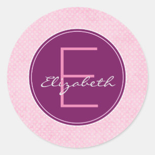 Paarse monogram op roze pokstip aanpassen ronde sticker