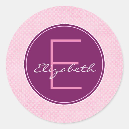 Paarse monogram op roze pokstip aanpassen ronde sticker (Voorkant)