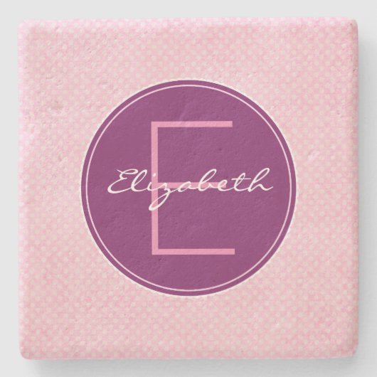 Paarse monogram op roze pokstip aanpassen stenen onderzetter (Voorkant)