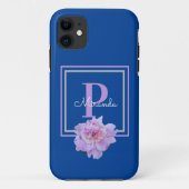 Paarse Monogram roze pioen bloem blauw Case-Mate iPhone Case (Achterkant)