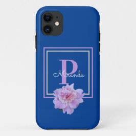 Paarse Monogram roze pioen bloem blauw Case-Mate iPhone Case