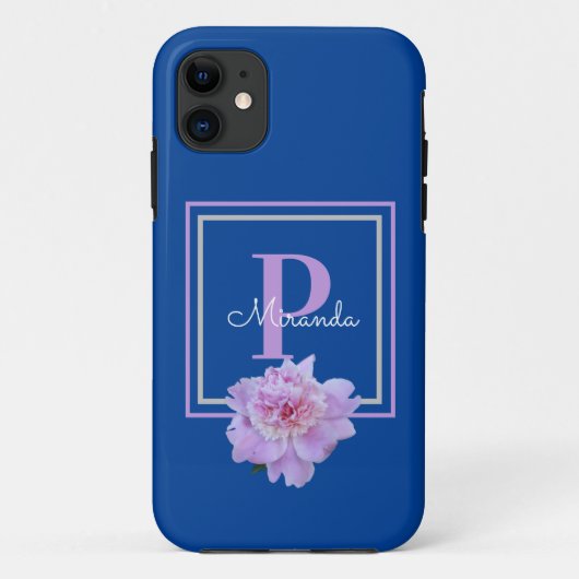 Paarse Monogram roze pioen bloem blauw Case-Mate iPhone Case (Achterkant)
