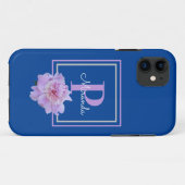 Paarse Monogram roze pioen bloem blauw Case-Mate iPhone Case (Achterkant (horizontaal))