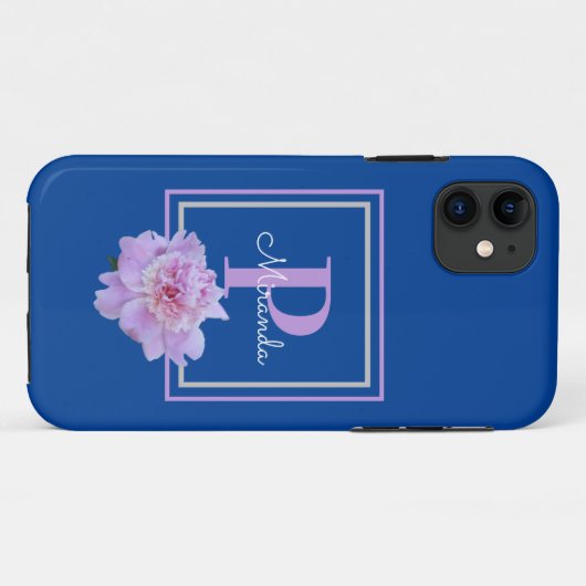 Paarse Monogram roze pioen bloem blauw Case-Mate iPhone Case (Achterkant (horizontaal))
