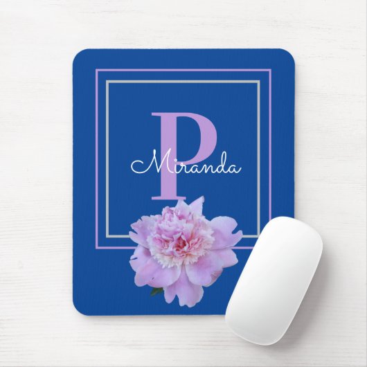 Paarse Monogram roze pioen bloem blauw Muismat (Met muis)