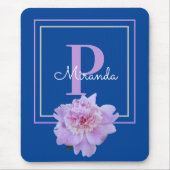 Paarse Monogram roze pioen bloem blauw Muismat (Voorkant)