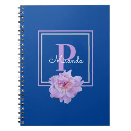 Paarse Monogram roze pioen bloem blauw Notitieboek
