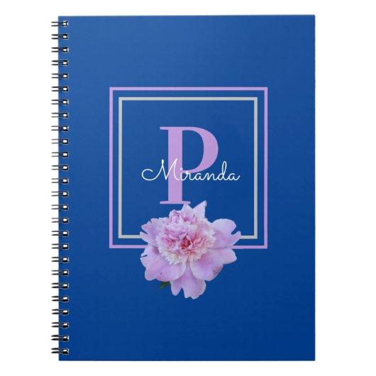 Paarse Monogram roze pioen bloem blauw Notitieboek (Voorkant)