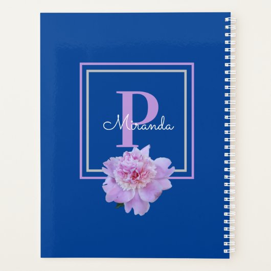 Paarse Monogram roze pioen bloem blauw Planner (Achterkant)