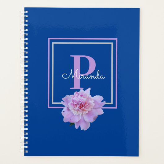 Paarse Monogram roze pioen bloem blauw Planner (Voorkant)