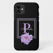 Paarse Monogram Roze Pioen Bloem Zwart Case-Mate iPhone Case (Achterkant)