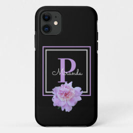 Paarse Monogram Roze Pioen Bloem Zwart Case-Mate iPhone Case