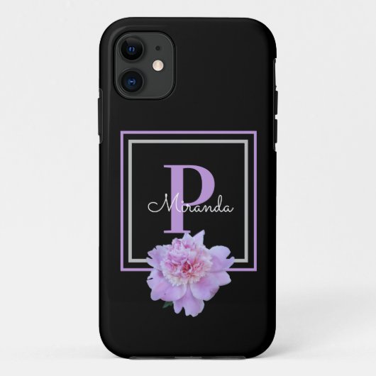 Paarse Monogram Roze Pioen Bloem Zwart Case-Mate iPhone Case (Achterkant)